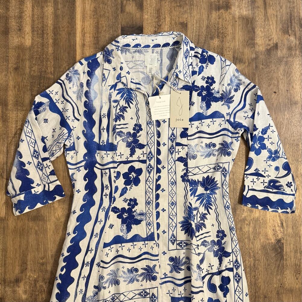 Joie Dress Linen Hawaiian Tropical Hibiscus Resort Beach White Blue Women Medium - Picture 3 of 9